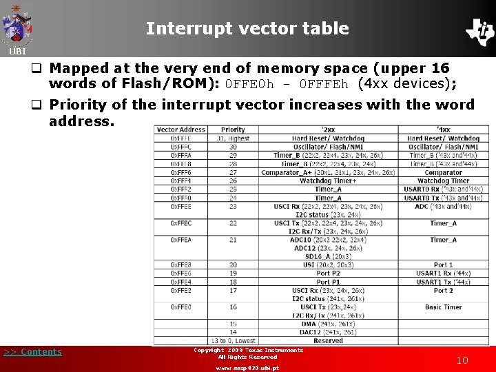 Interrupt vector table UBI q Mapped at the very end of memory space (upper