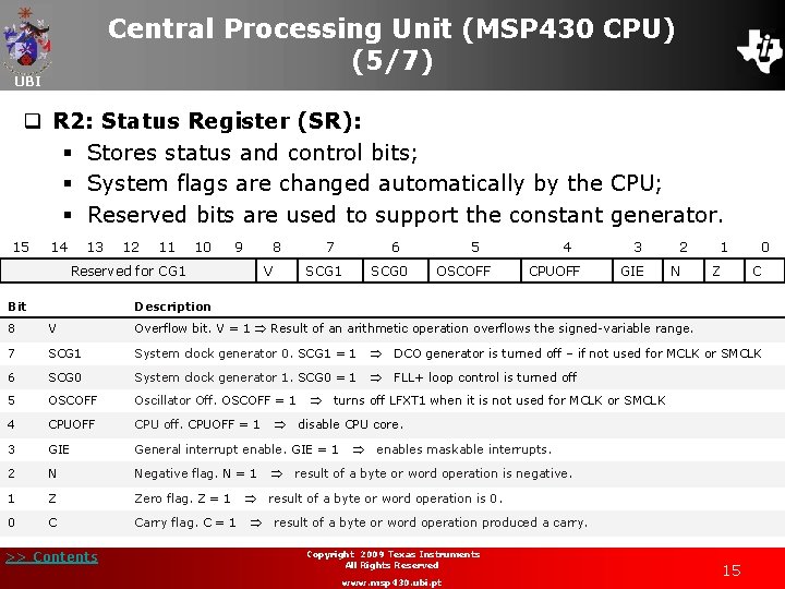 Central Processing Unit (MSP 430 CPU) (5/7) UBI q R 2: Status Register (SR):