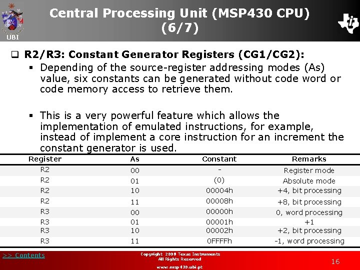 Central Processing Unit (MSP 430 CPU) (6/7) UBI q R 2/R 3: Constant Generator