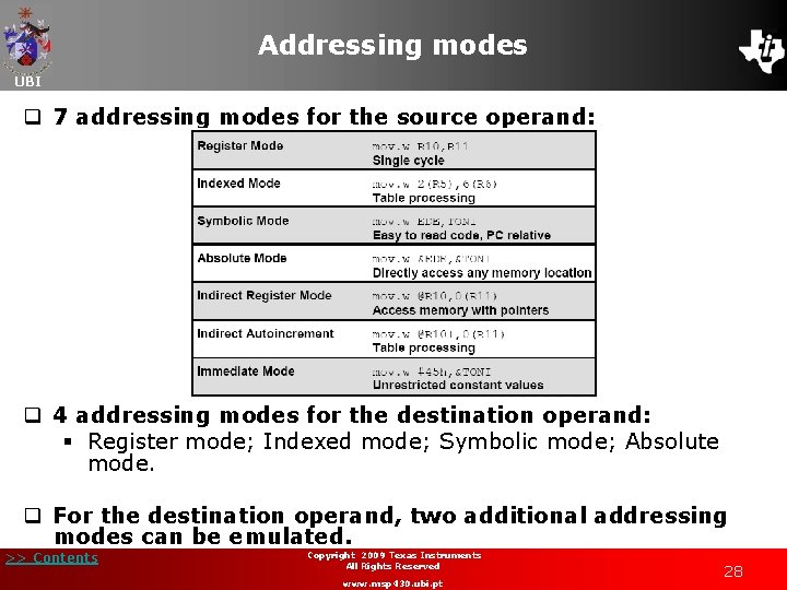 Addressing modes UBI q 7 addressing modes for the source operand: q 4 addressing