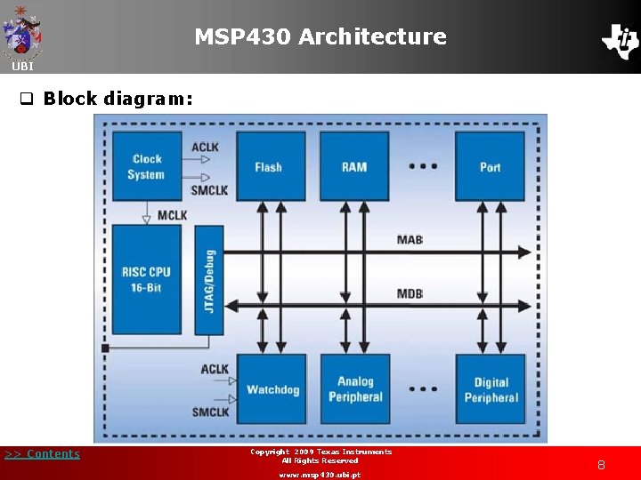 MSP 430 Architecture UBI q Block diagram: >> Contents Copyright 2009 Texas Instruments All