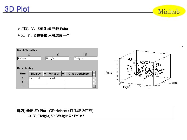 3 D Plot Ø 用X、Y、Z值生成 三维 Point Ø X、Y、Z的各值 只可适用一个 练习) 绘出 3 D