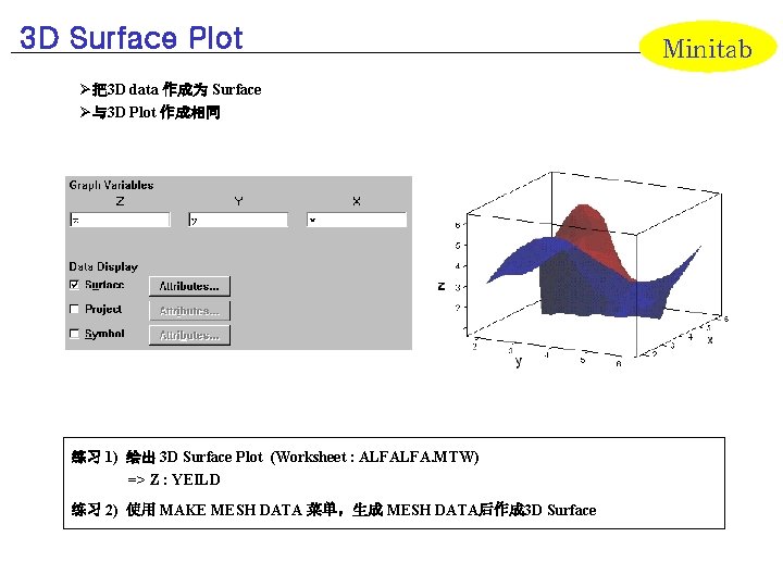 3 D Surface Plot Ø把3 D data 作成为 Surface Ø与3 D Plot 作成相同 练习