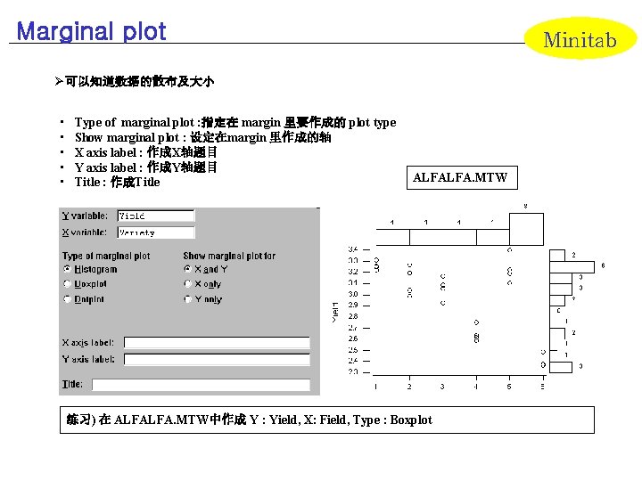 Marginal plot Minitab Ø可以知道数据的散布及大小 • • • Type of marginal plot : 指定在 margin