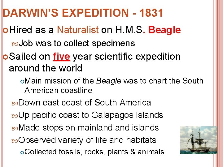 DARWIN’S EXPEDITION - 1831 Hired as a Naturalist on H. M. S. Beagle Job