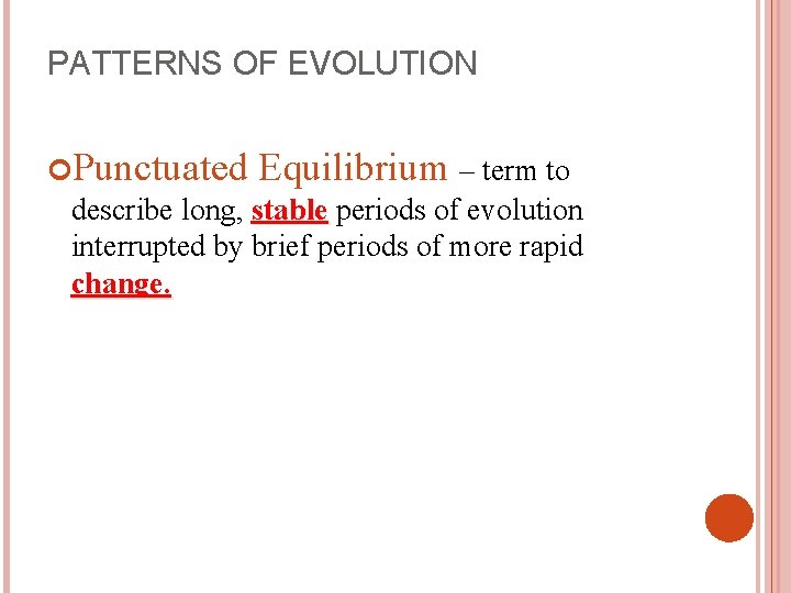 PATTERNS OF EVOLUTION Punctuated Equilibrium – term to describe long, stable periods of evolution