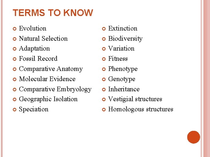 TERMS TO KNOW Evolution Natural Selection Adaptation Fossil Record Comparative Anatomy Molecular Evidence Comparative