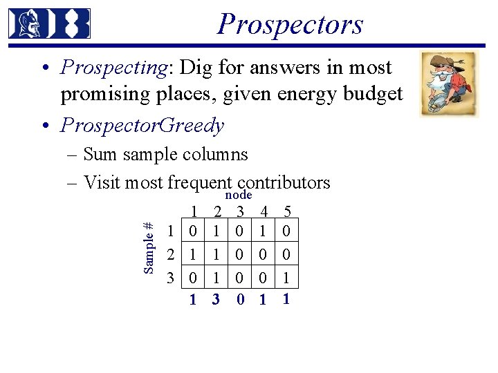 Prospectors • Prospecting: Dig for answers in most promising places, given energy budget •