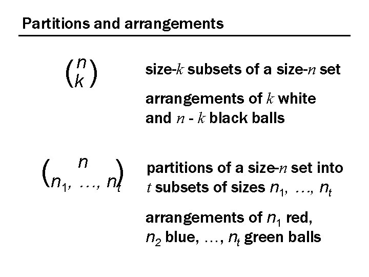 Partitions and arrangements n k ( ) ( size-k subsets of a size-n set