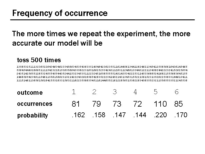 Frequency of occurrence The more times we repeat the experiment, the more accurate our