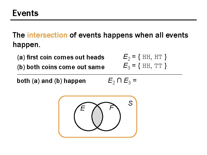 Events The intersection of events happens when all events happen. E 2 = {