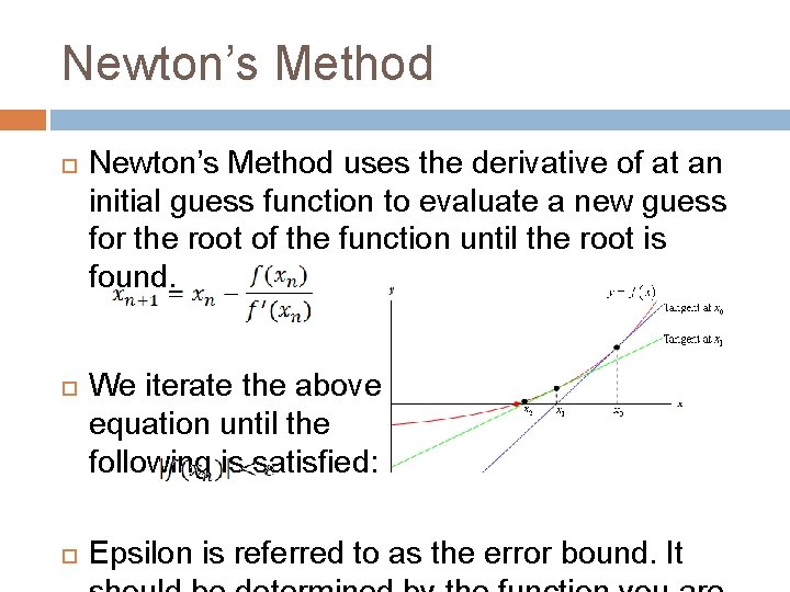 Newton’s Method Newton’s Method uses the derivative of at an initial guess function to