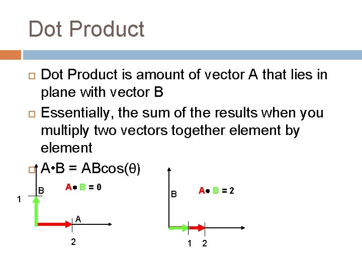 Dot Product 1 Dot Product is amount of vector A that lies in plane