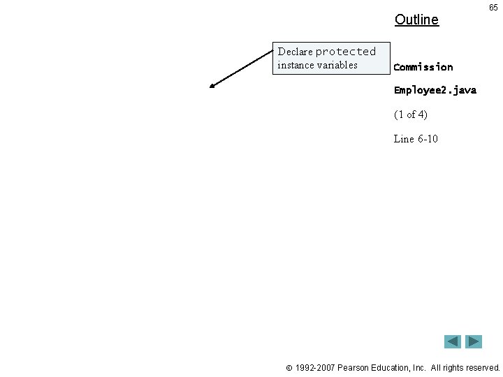 Outline Declare protected instance variables 65 Commission Employee 2. java (1 of 4) Line