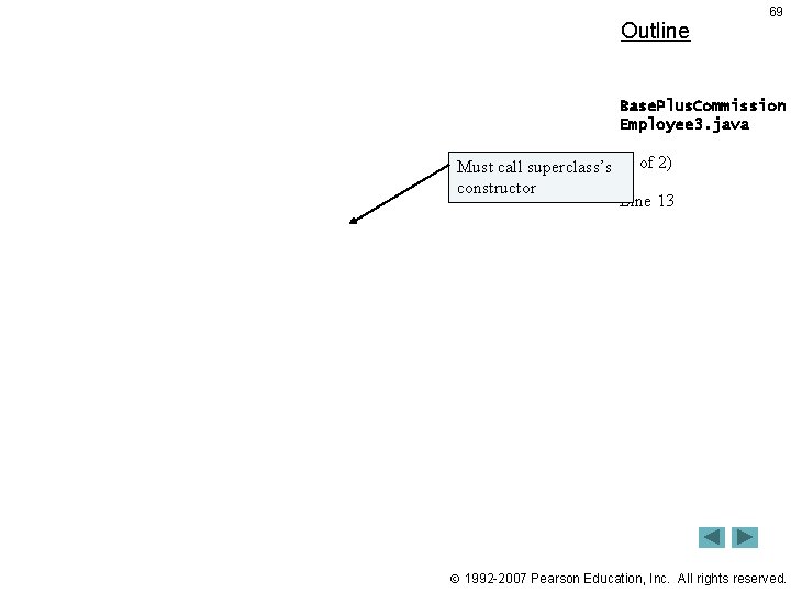 Outline 69 Base. Plus. Commission Employee 3. java Must call superclass’s (1 of 2)