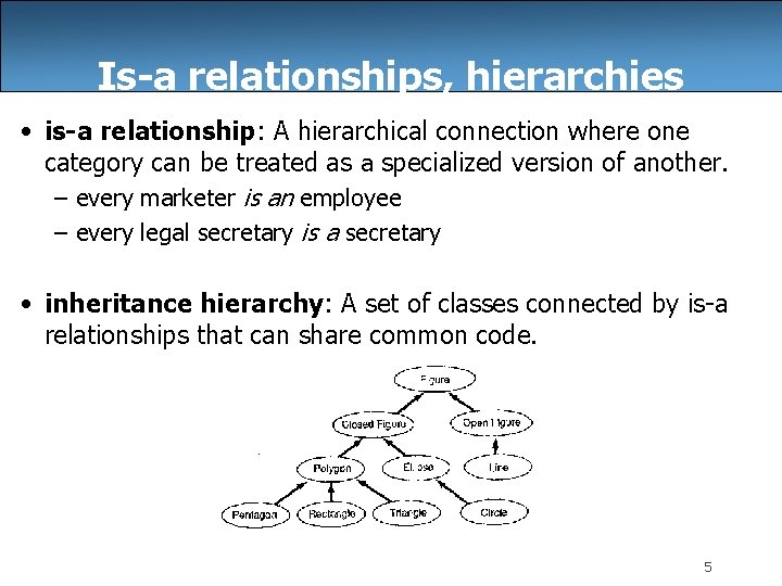 Is-a relationships, hierarchies • is-a relationship: A hierarchical connection where one category can be