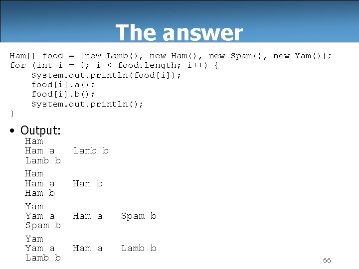 The answer Ham[] food = {new Lamb(), new Ham(), new Spam(), new Yam()}; for