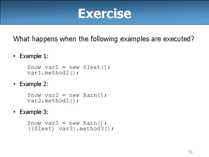 Exercise What happens when the following examples are executed? • Example 1: Snow var
