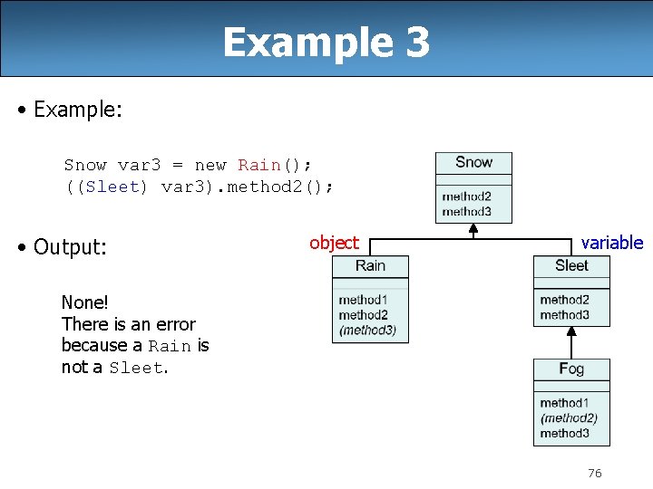 Example 3 • Example: Snow var 3 = new Rain(); ((Sleet) var 3). method