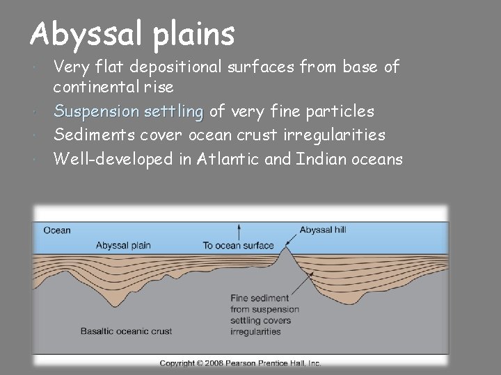 Abyssal plains Very flat depositional surfaces from base of continental rise Suspension settling of