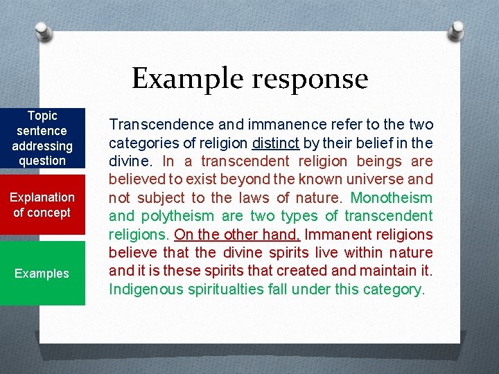 Example response Topic sentence addressing question Explanation of concept Examples Transcendence and immanence refer