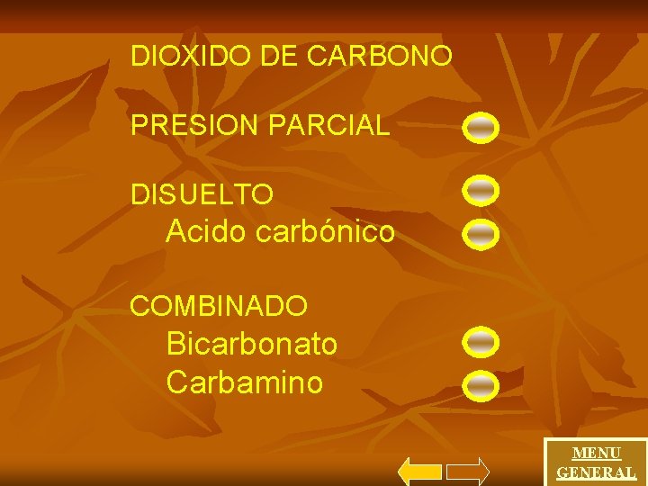 DIOXIDO DE CARBONO PRESION PARCIAL DISUELTO Acido carbónico COMBINADO Bicarbonato Carbamino MENU GENERAL 