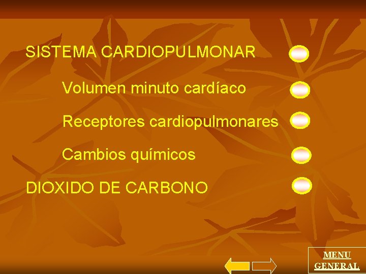 SISTEMA CARDIOPULMONAR Volumen minuto cardíaco Receptores cardiopulmonares Cambios químicos DIOXIDO DE CARBONO MENU GENERAL