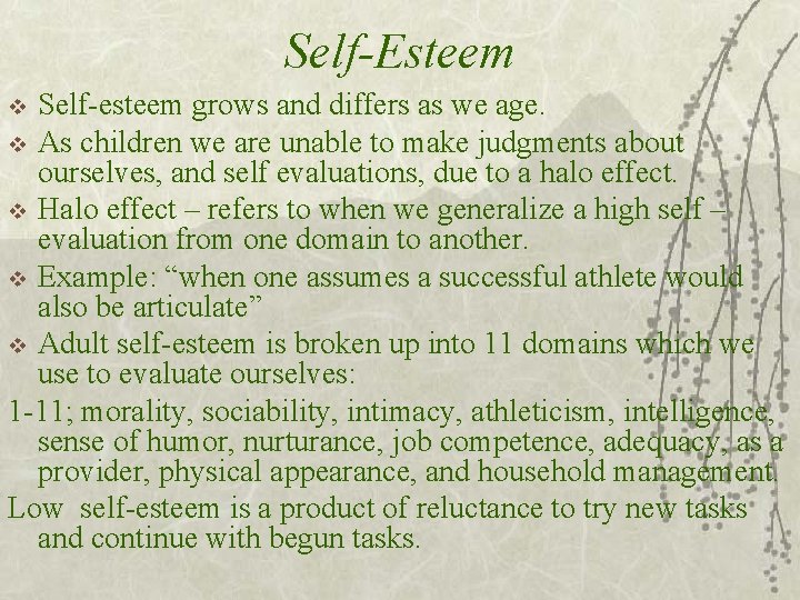 Self-Esteem Self-esteem grows and differs as we age. v As children we are unable