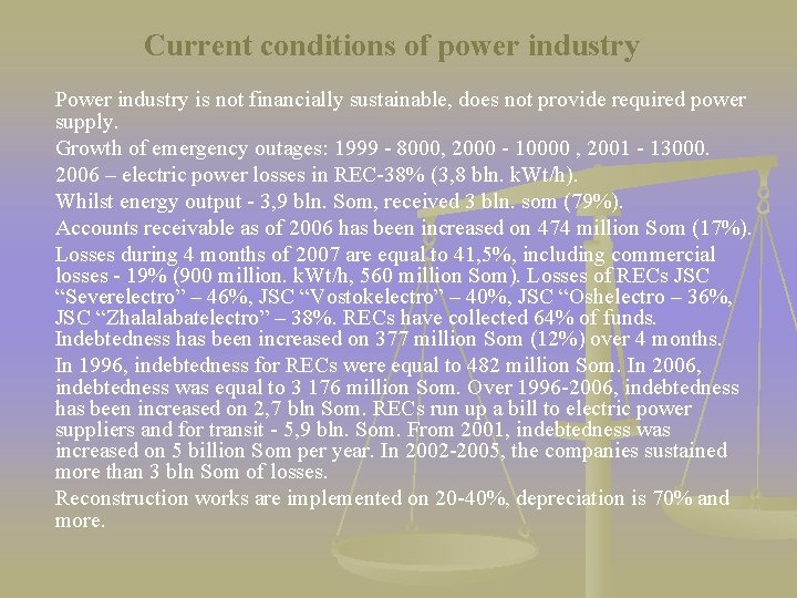 Current conditions of power industry Power industry is not financially sustainable, does not provide