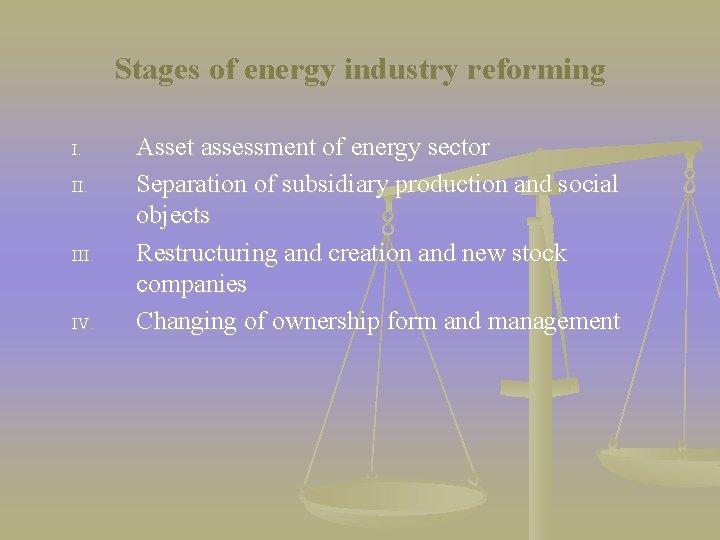 Stages of energy industry reforming I. II. IV. Asset assessment of energy sector Separation
