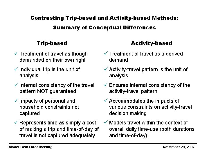 Contrasting Trip-based and Activity-based Methods: Summary of Conceptual Differences Trip-based Activity-based ü Treatment of