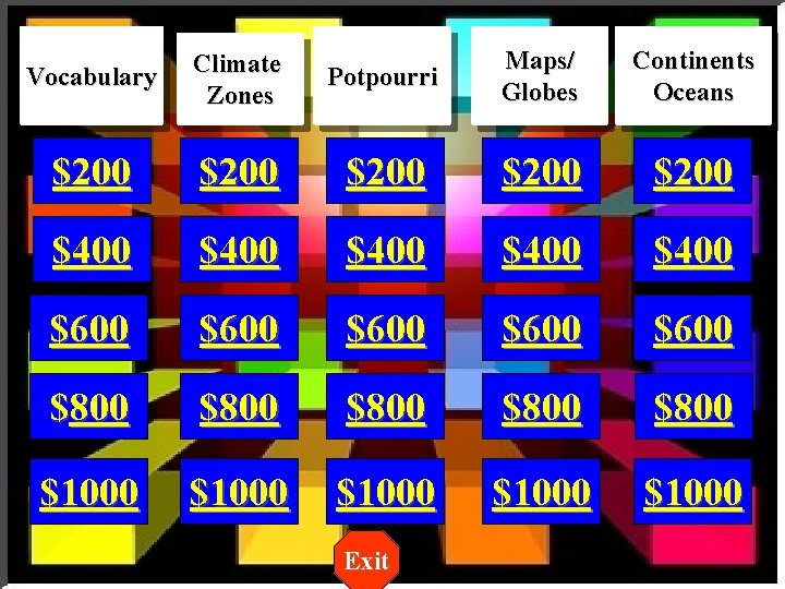Potpourri Maps/ Globes Continents Oceans $200 $400 $400 $600 $600 $800 $800 $1000 $1000