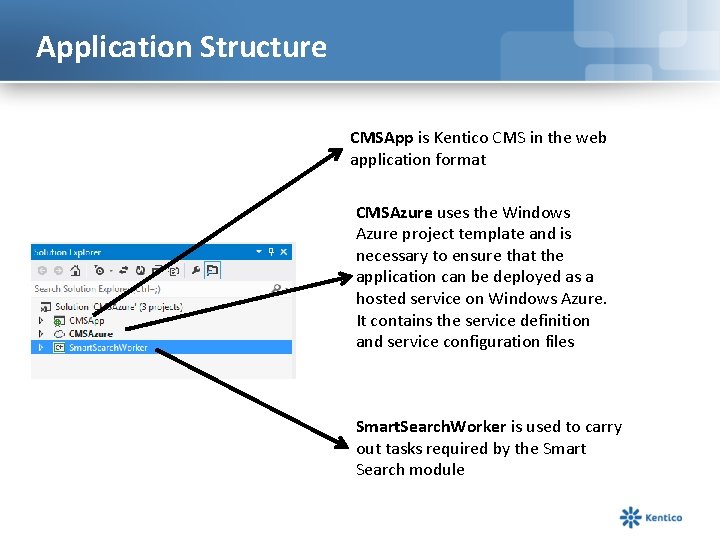 Application Structure CMSApp is Kentico CMS in the web application format CMSAzure uses the