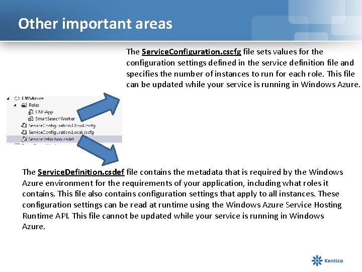 Other important areas The Service. Configuration. cscfg file sets values for the configuration settings