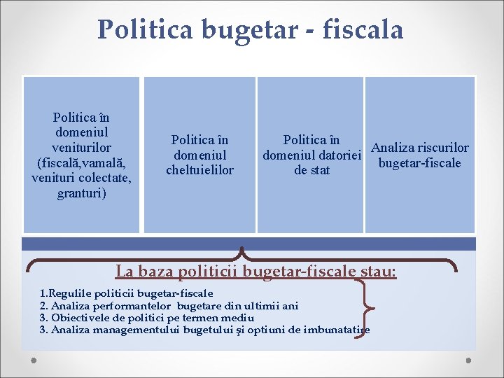 Politica bugetar - fiscala Politica în domeniul veniturilor (fiscală, vamală, venituri colectate, granturi) Politica