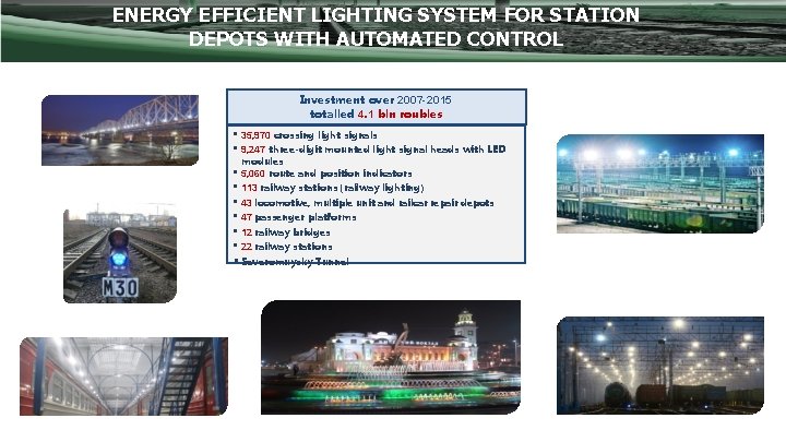 ENERGY EFFICIENT LIGHTING SYSTEM FOR STATION DEPOTS WITH AUTOMATED CONTROL Investment over 2007 -2015