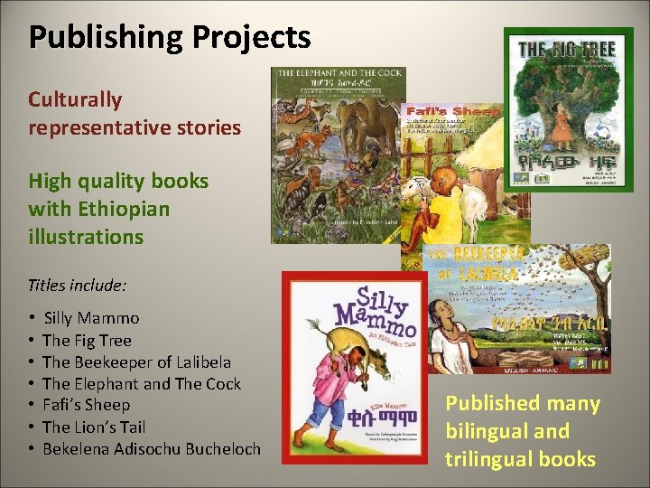 Publishing Projects Culturally representative stories High quality books with Ethiopian illustrations Titles include: •