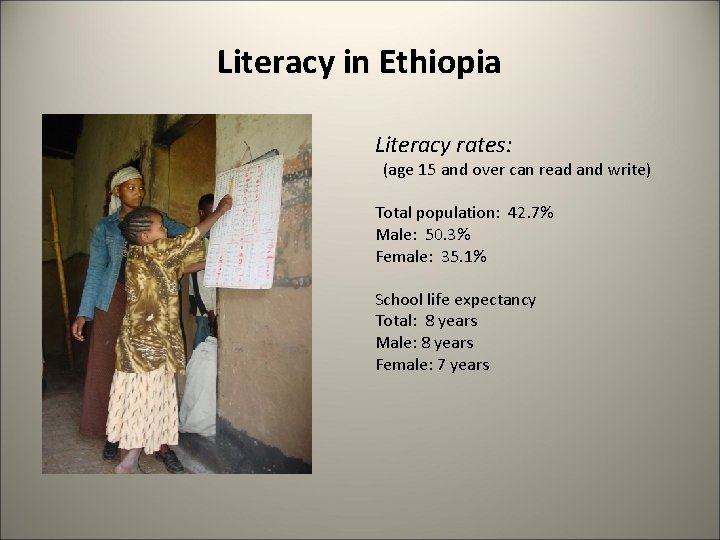 Literacy in Ethiopia Literacy rates: (age 15 and over can read and write) Total