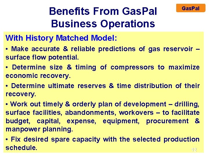 Benefits From Gas. Pal Business Operations Gas. Pal With History Matched Model: • Make