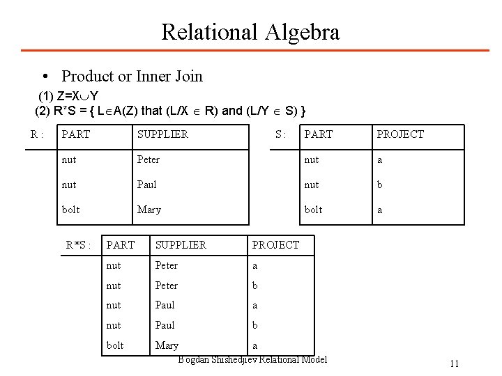 Relational Algebra • Product or Inner Join (1) Z=X Y (2) R*S = {