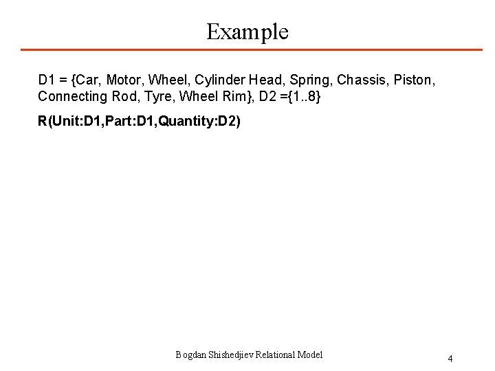 Example D 1 = {Car, Motor, Wheel, Cylinder Head, Spring, Chassis, Piston, Connecting Rod,