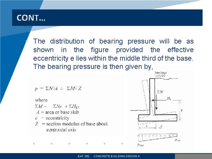 CONT… • The distribution of bearing pressure will be as shown in the figure