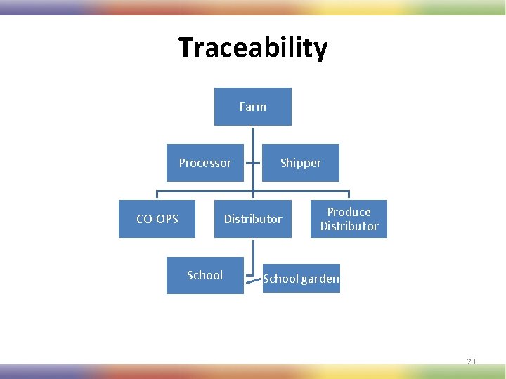 Traceability Farm Processor CO-OPS Shipper Distributor School Produce Distributor School garden 20 