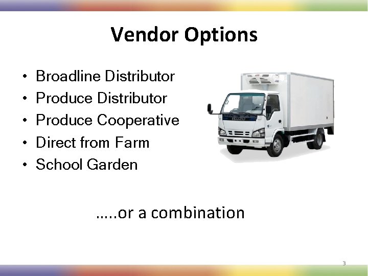 Vendor Options • • • Broadline Distributor Produce Cooperative Direct from Farm School Garden
