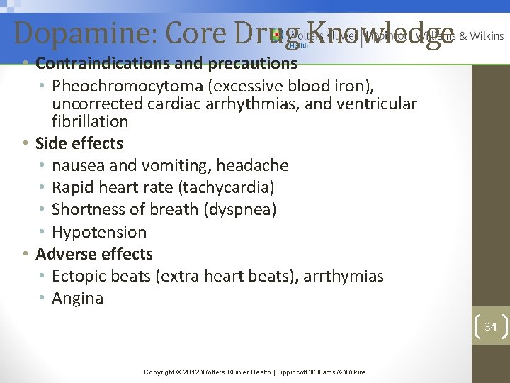 Dopamine: Core Drug Knowledge • Contraindications and precautions • Pheochromocytoma (excessive blood iron), uncorrected
