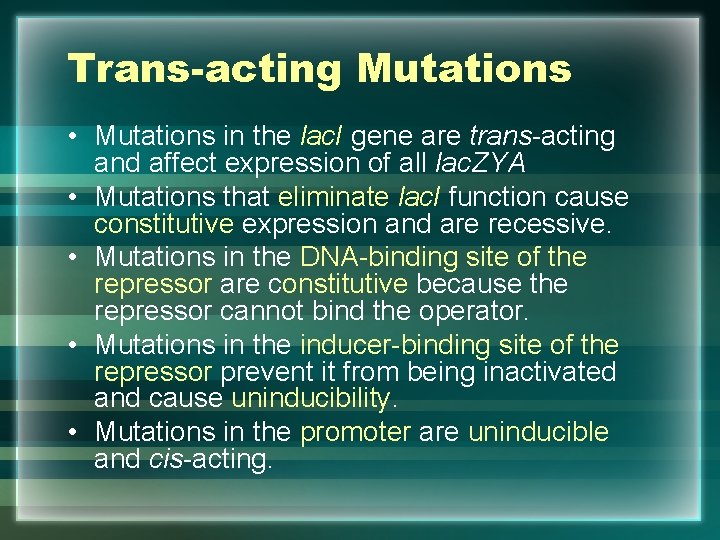 Trans-acting Mutations • Mutations in the lac. I gene are trans-acting and affect expression