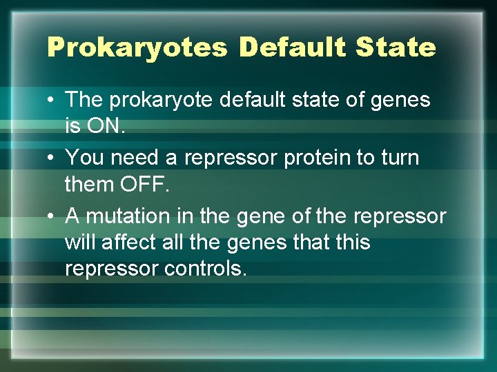 Prokaryotes Default State • The prokaryote default state of genes is ON. • You