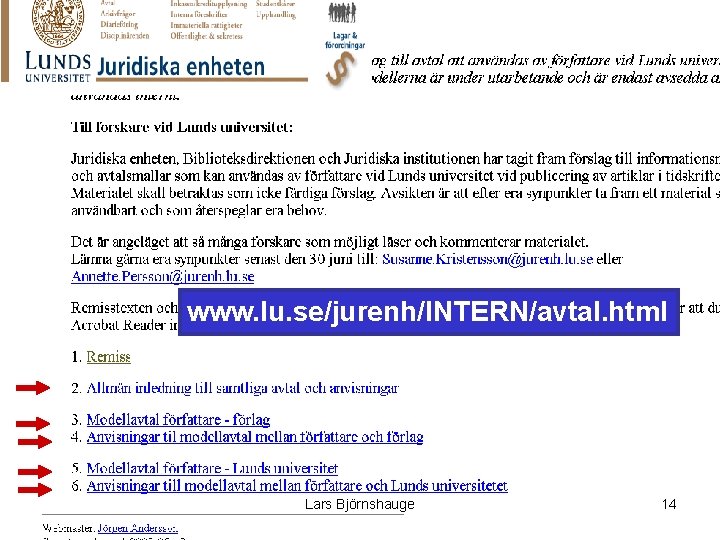 www. lu. se/jurenh/INTERN/avtal. html Lars Björnshauge 14 