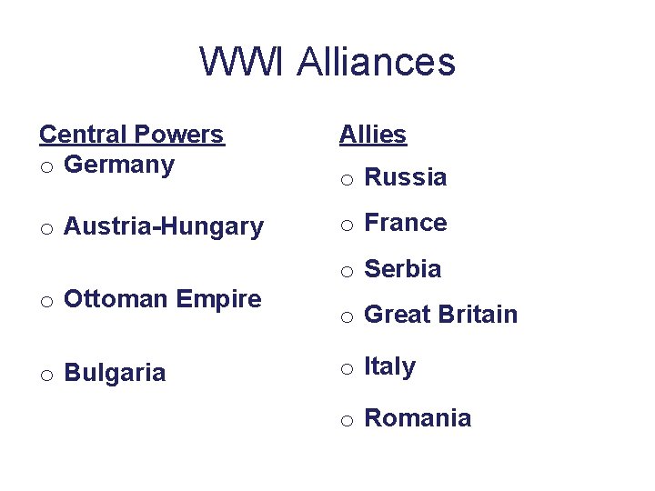 WWI Alliances Central Powers o Germany Allies o Austria-Hungary o France o Ottoman Empire