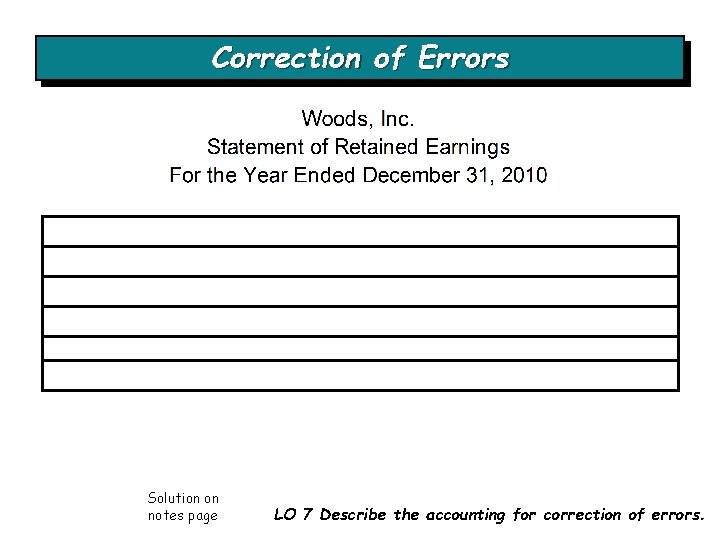 Correction of Errors Solution on notes page LO 7 Describe the accounting for correction Correction of Errors Solution on notes page LO 7 Describe the accounting for correction